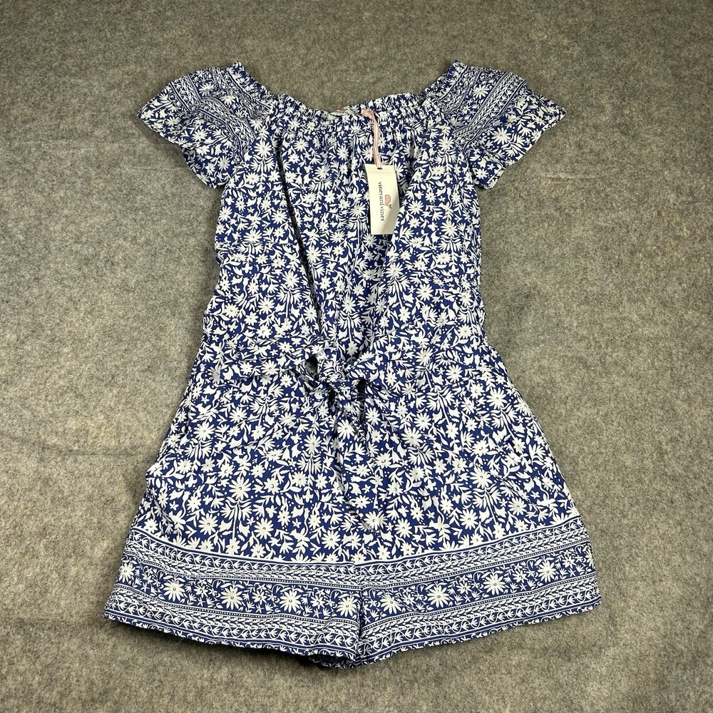 Vineyard Vine Romper Women's XS Blue White Floral Pockets Tie Lined Preppy Fun